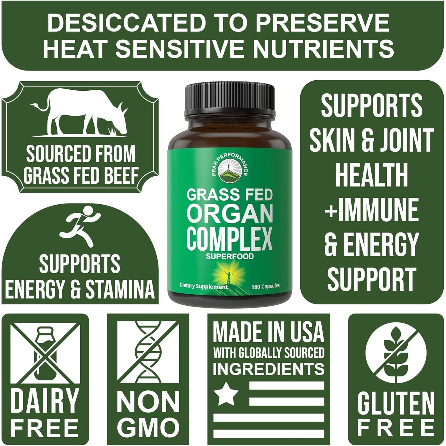 Peak Performance Grass Fed Beef Organ Complex from New Zealand (180 Capsules) Desiccated Organs Superfood Pills. Grassfed Beef Liver Capsules with Heart, Kidney, Pancreas, Spleen. Supplement