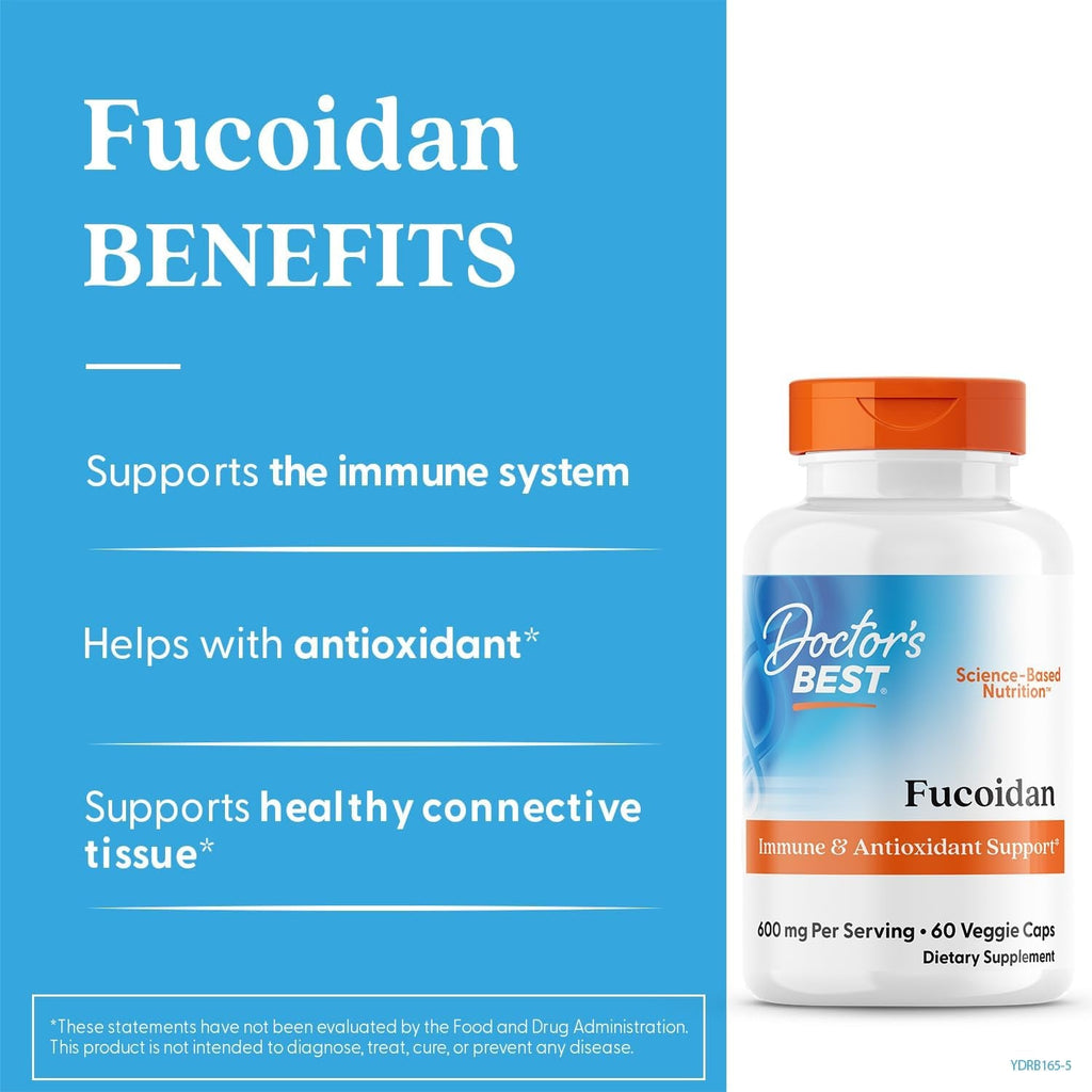 Doctor'S Best Fucoidan Supplement for Men & Women - Fucoidan Extract Capsules from Seaweed, Immune Health & Antioxidant Support, 600 Mg per Serving, Gluten Free, Non-Gmo, Vegan - 60 Veg Caps