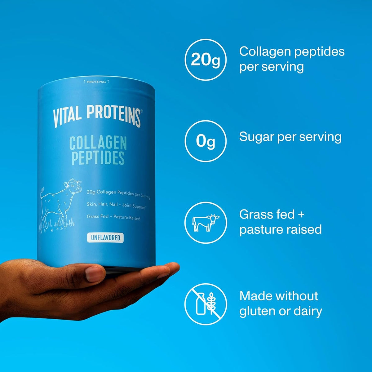 Vital Proteins Grass Fed Collagen Peptides Powder, Supports Hair, Skin, Nails, Bones, and Joints Health, Hydrolyzed Peptides - Zero Sugar, Unflavored, 20Oz