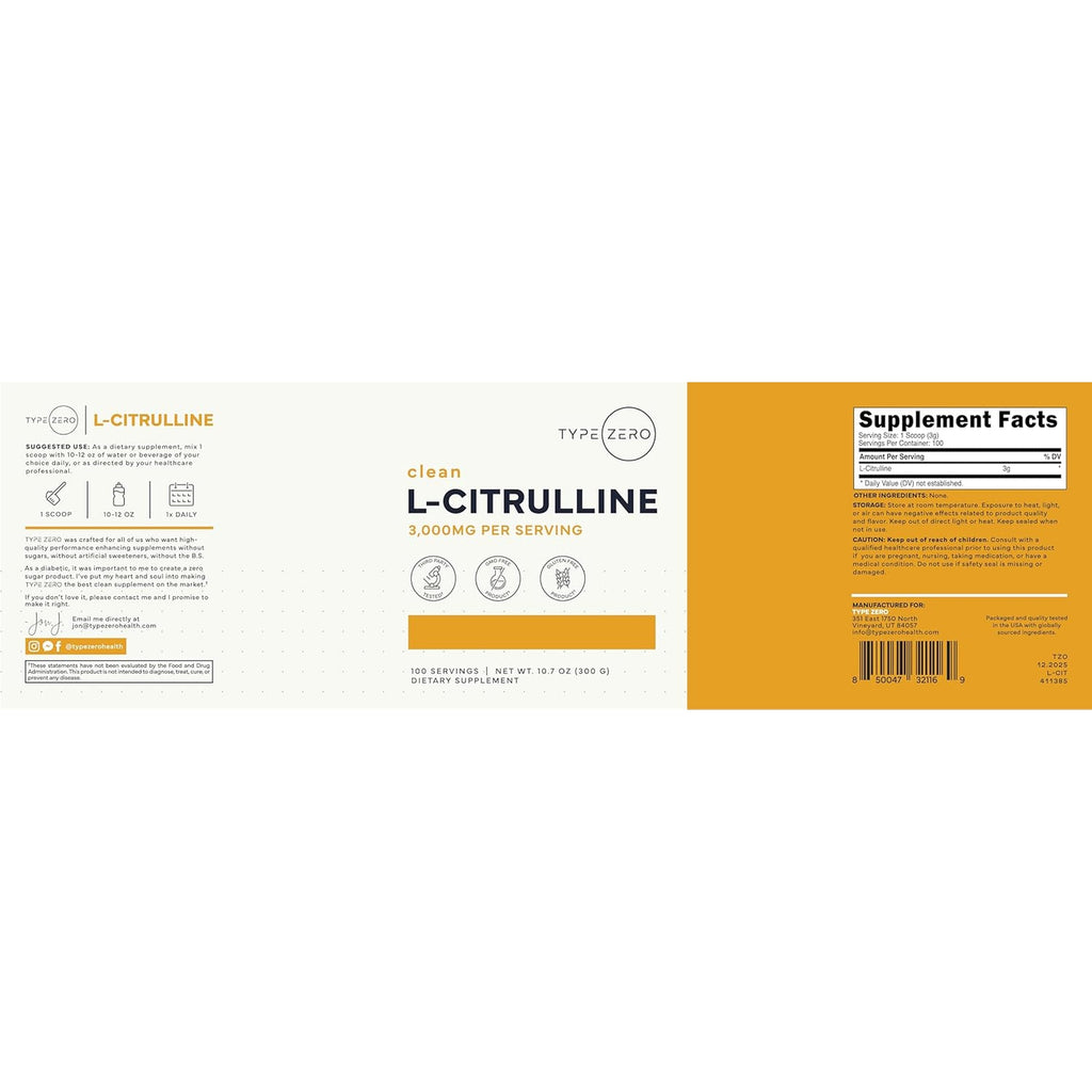 Type Zero L-Citrulline Base Powder, 3,000Mg per Serving - 100 Servings