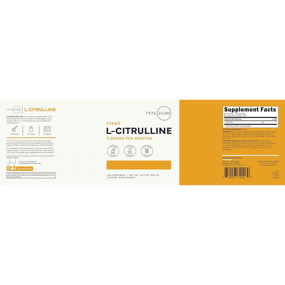 Type Zero L-Citrulline Base Powder, 3,000Mg per Serving - 100 Servings
