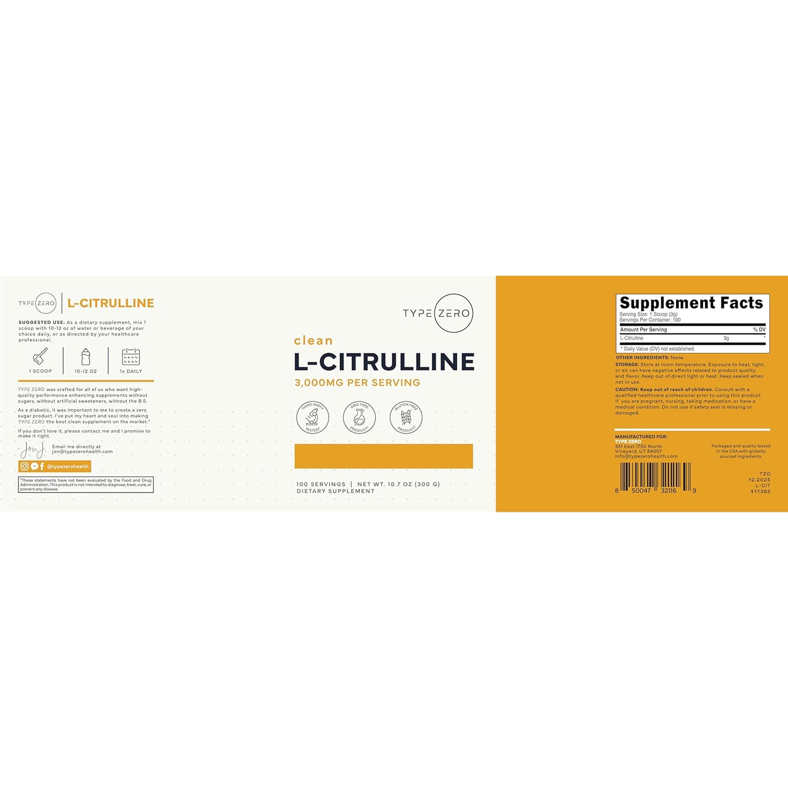 Type Zero L-Citrulline Base Powder, 3,000Mg per Serving - 100 Servings
