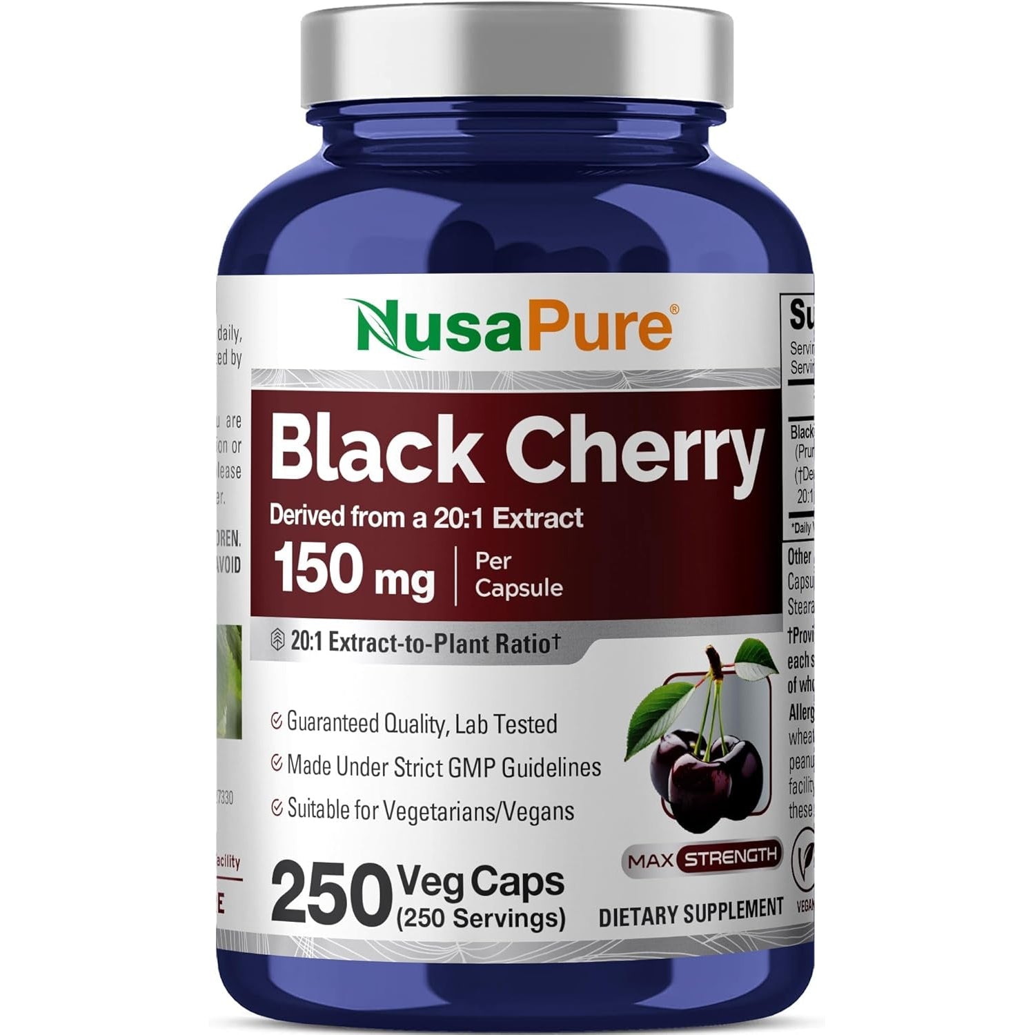 Nusapure Black Cherry Extract 150Mg 250 Veg Capsules Max Potency, Non-Gmo, Bioperine