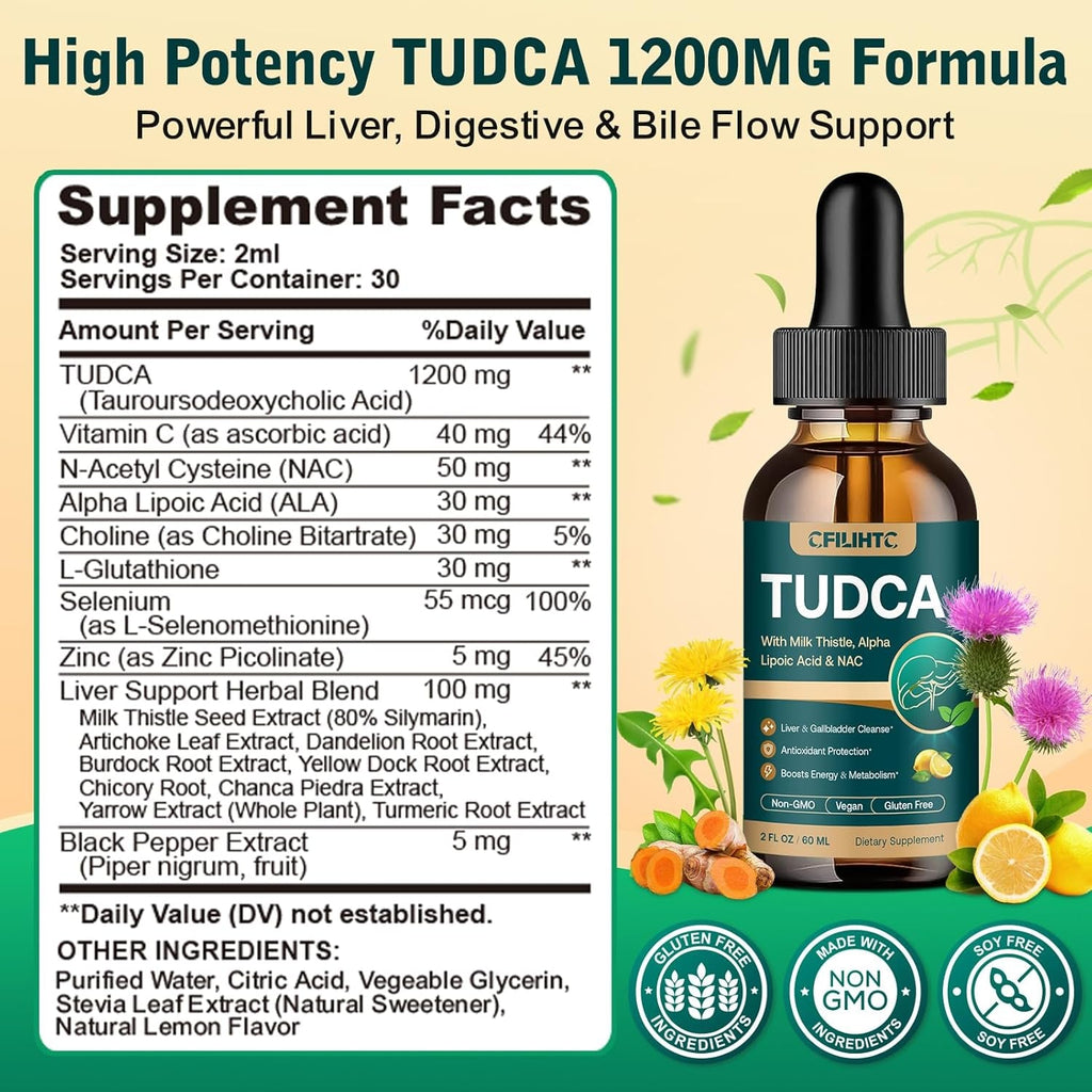 TUDCA Bile Salts 1200Mg Liquid Drops - Advanced Tudca Liver Supplement with ALA, NAC & Glutathione for Bile Flow, Gallbladder Health & Antioxidant Defense, High-Absorption, Lemon 2 Fl Oz