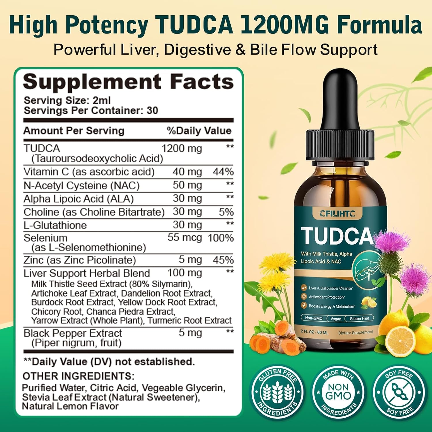 TUDCA Bile Salts 1200Mg Liquid Drops - Advanced Tudca Liver Supplement with ALA, NAC & Glutathione for Bile Flow, Gallbladder Health & Antioxidant Defense, High-Absorption, Lemon 2 Fl Oz