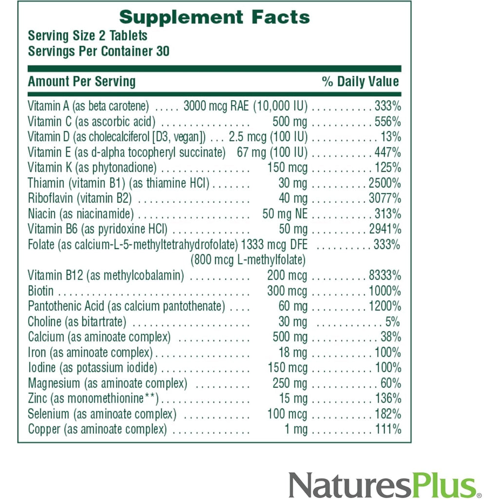Naturesplus Source of Life Women - 60 Tablets - Multivitamin & Mineral Supplement - with Iron, Calcium, Folate & Lutein - Gluten Free, Vegetarian - 30 Servings