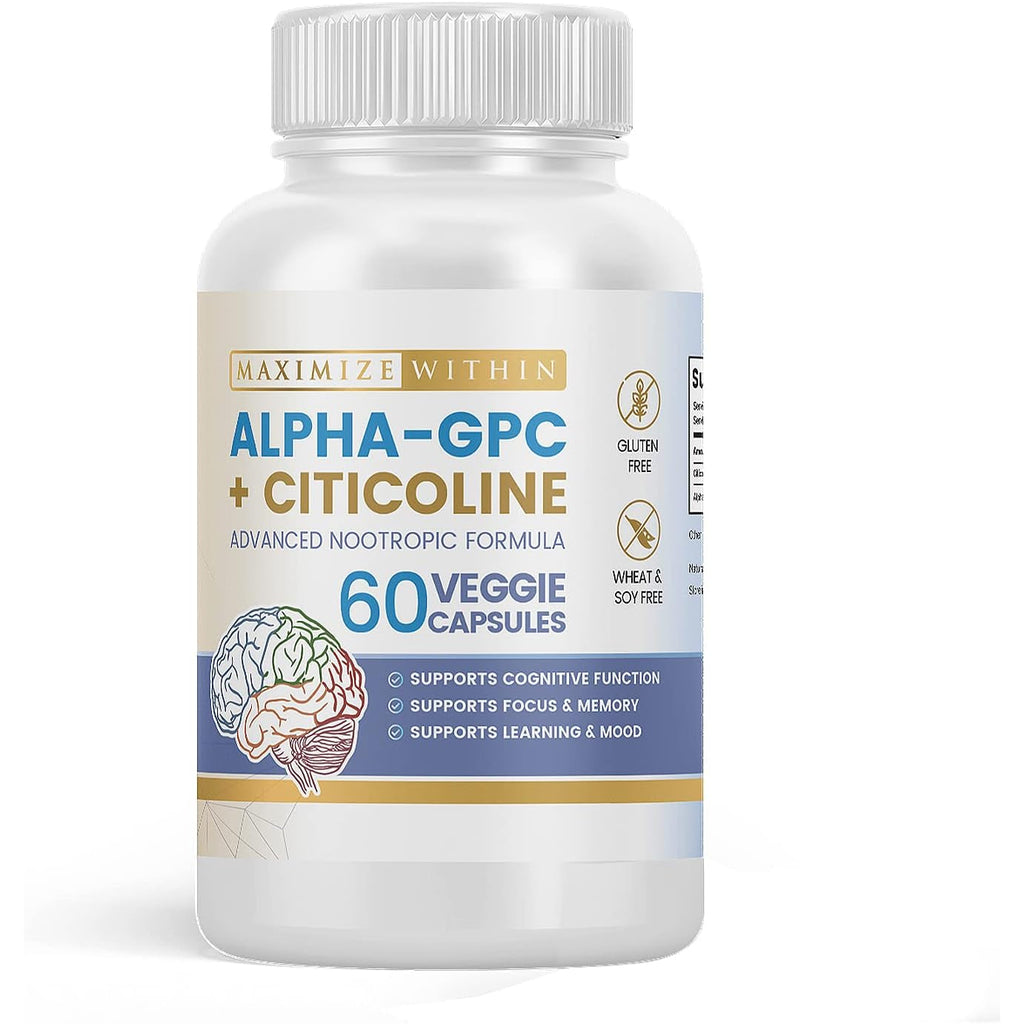 Alpha GPC + Citicoline 60 Ct, 1600Mg Concentrated Formula- 99%+Highly Purified & Bioavailable Nootropic-Cognitive Enhancer, Supports Memory, Brain Function, Boosts Focus, Mood & Energy