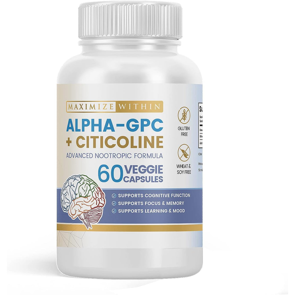 Alpha GPC + Citicoline 60 Ct, 1600Mg Concentrated Formula- 99%+Highly Purified & Bioavailable Nootropic-Cognitive Enhancer, Supports Memory, Brain Function, Boosts Focus, Mood & Energy