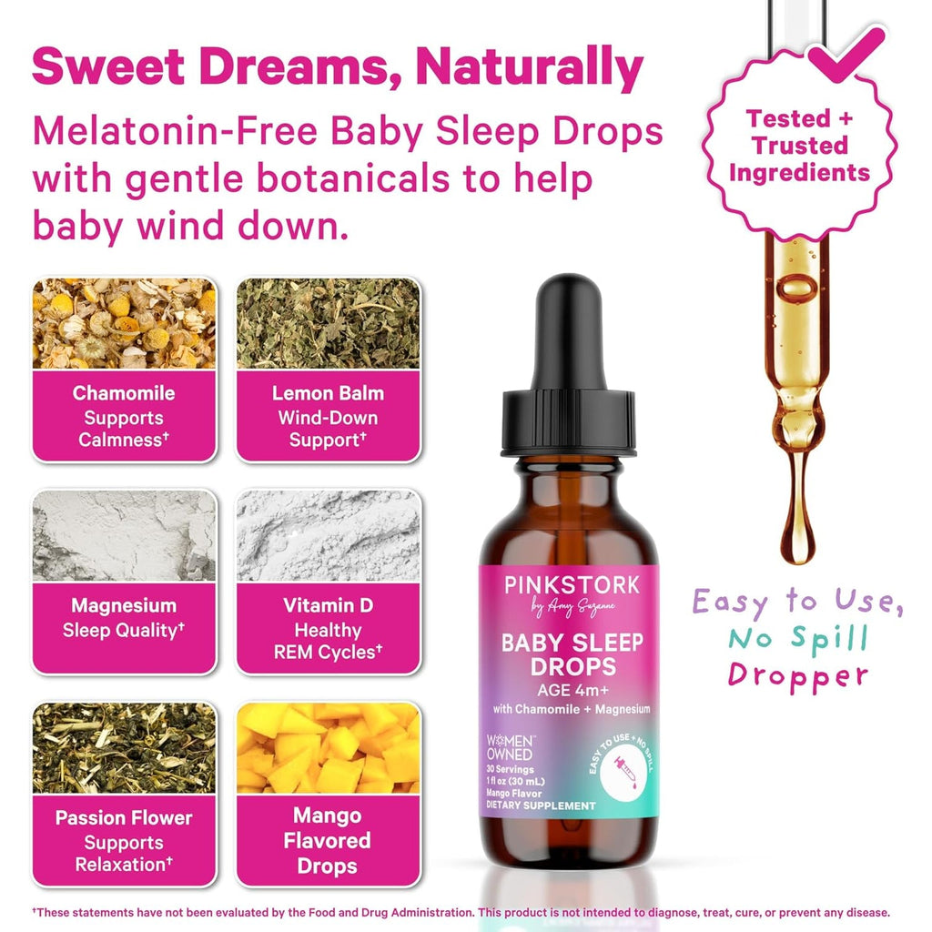 Pink Stork Baby Sleep Drops, Naturally Support Sleep without Melatonin for Infants, Toddlers, and Kids, Chamomile and Magnesium, Baby Essentials for Bedtime, 1 Oz, 30 Servings