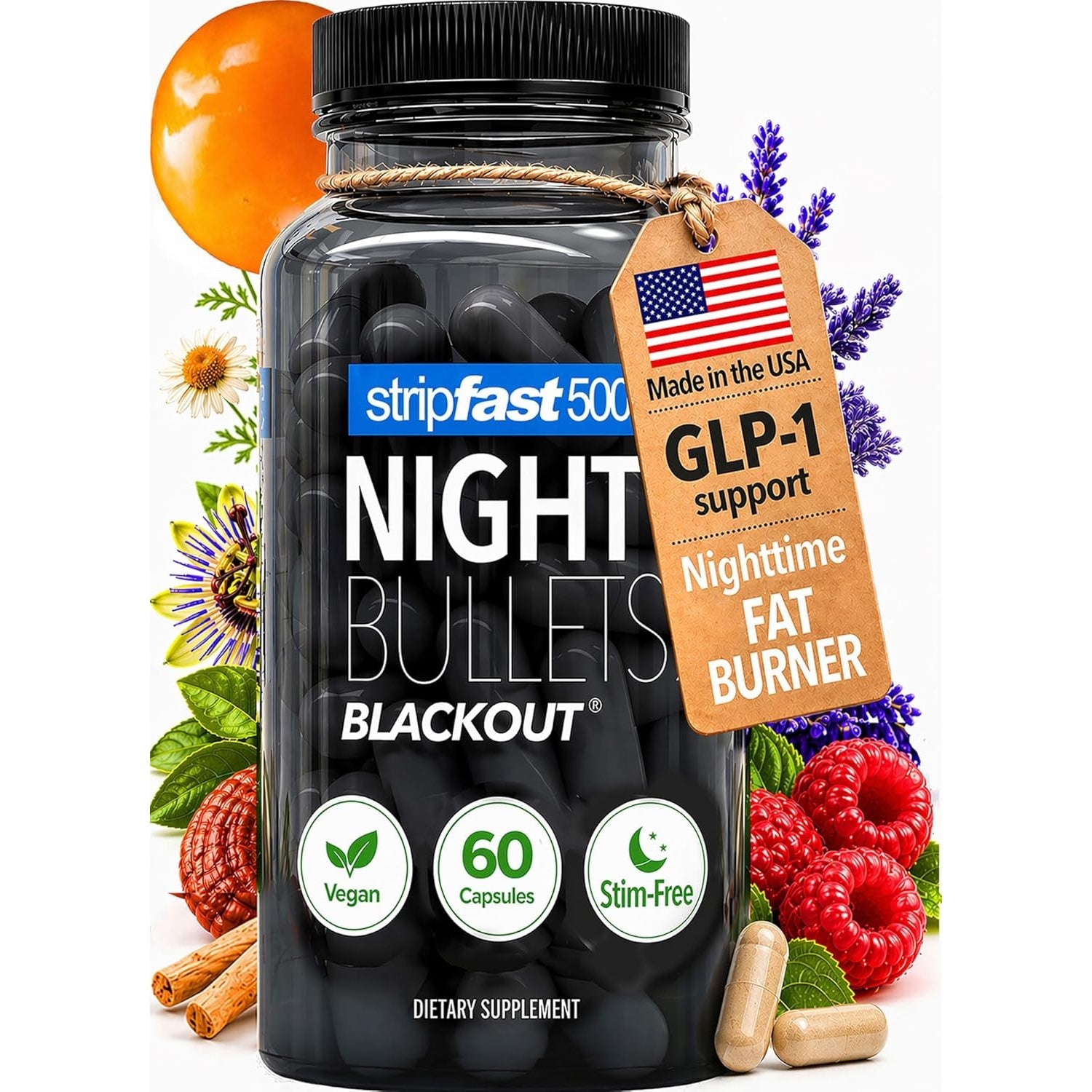 Night Bullets Weight Loss Pills for Women & Men, Stim-Free Nighttime Fat Burner, GLP-1 Support, Appetite Suppressant, Diet Pills with Ashwagandha & CLA, 60 Capsules