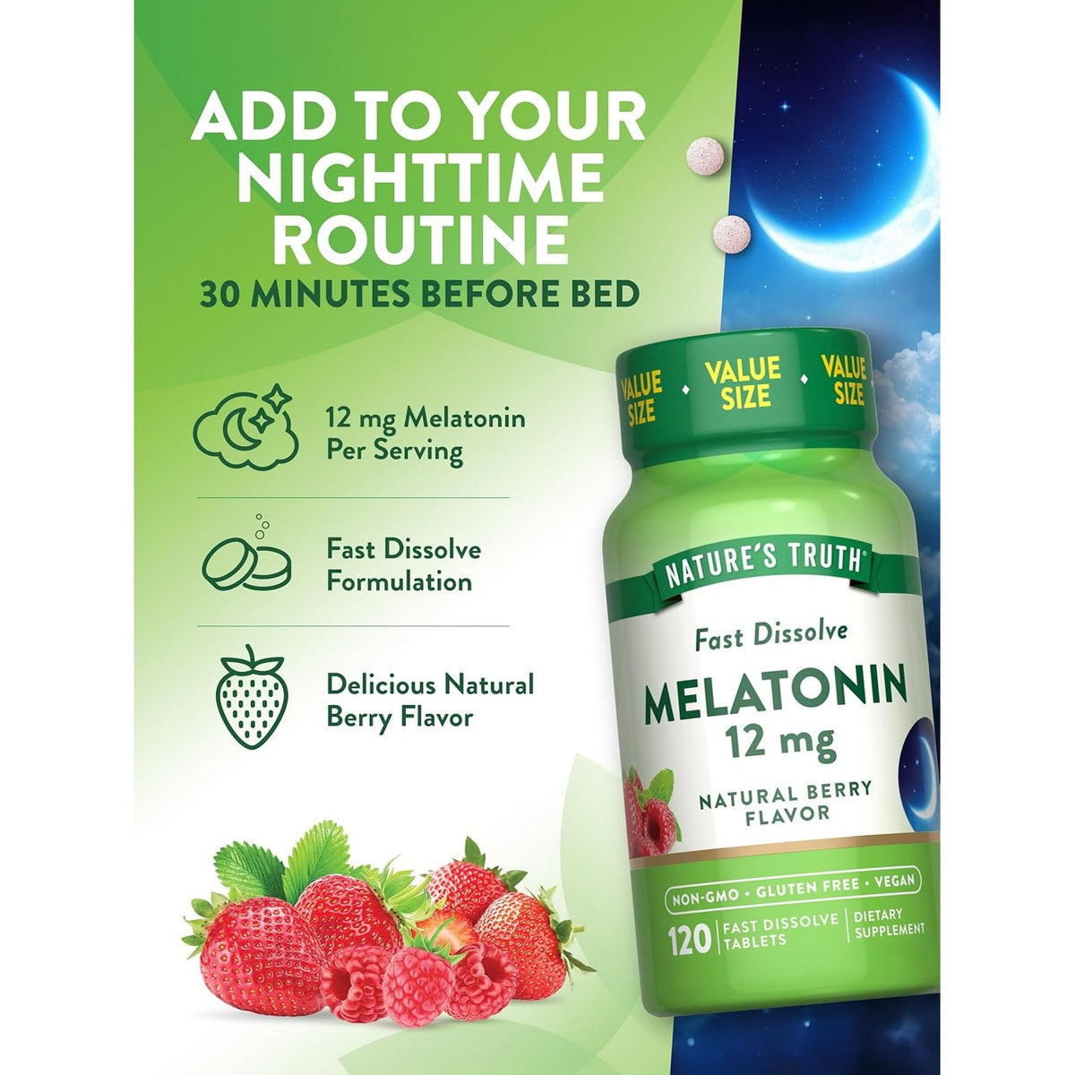 Nature'S Truth Melatonin Tablets | 12Mg | 120 Count | Natural Berry Flavor | Fast Dissolve | Vegan, Non-Gmo & Gluten Free Supplement