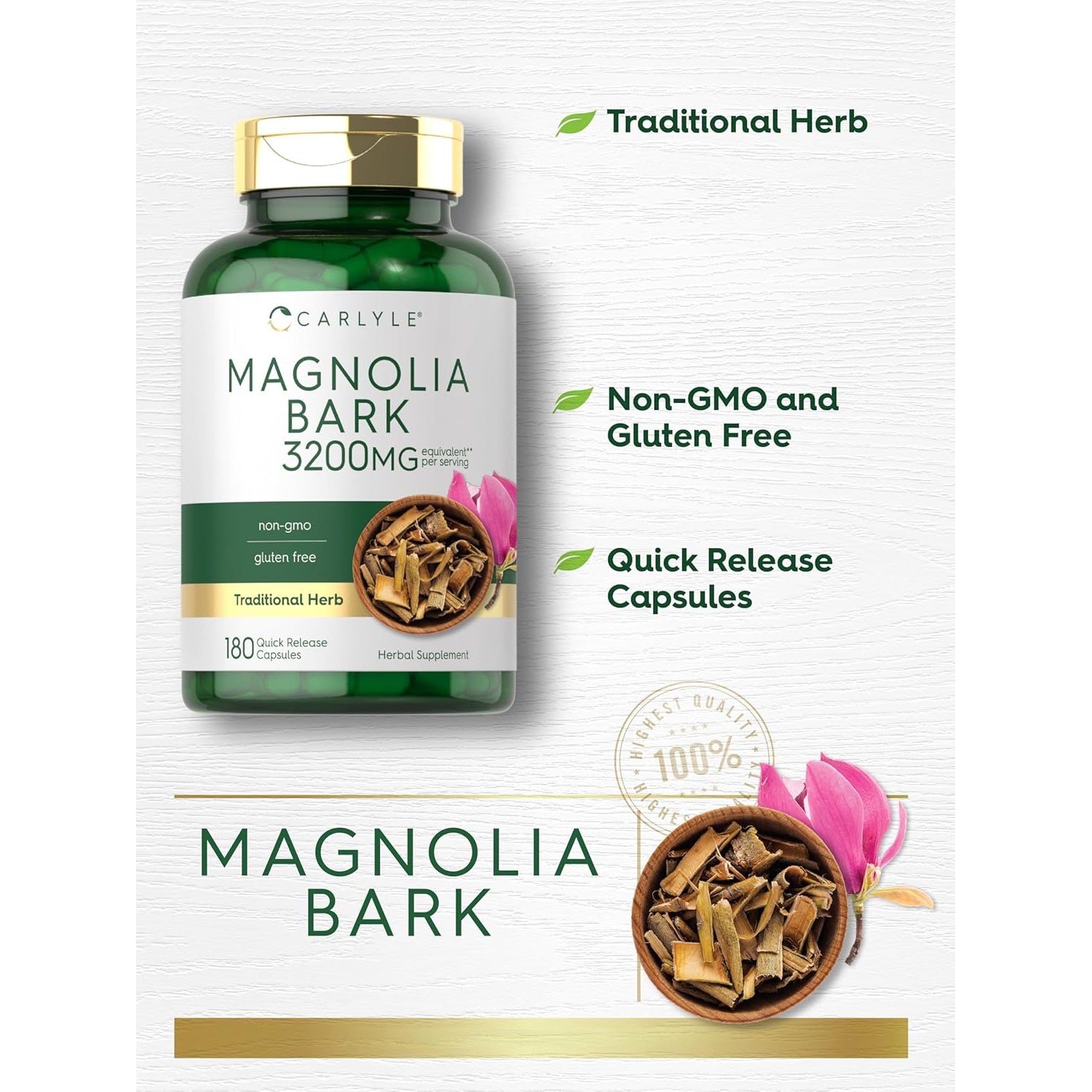 Carlyle Magnolia Bark | 180 Powder Capsules | Herbal Extract Supplement | Non-Gmo, Gluten Free