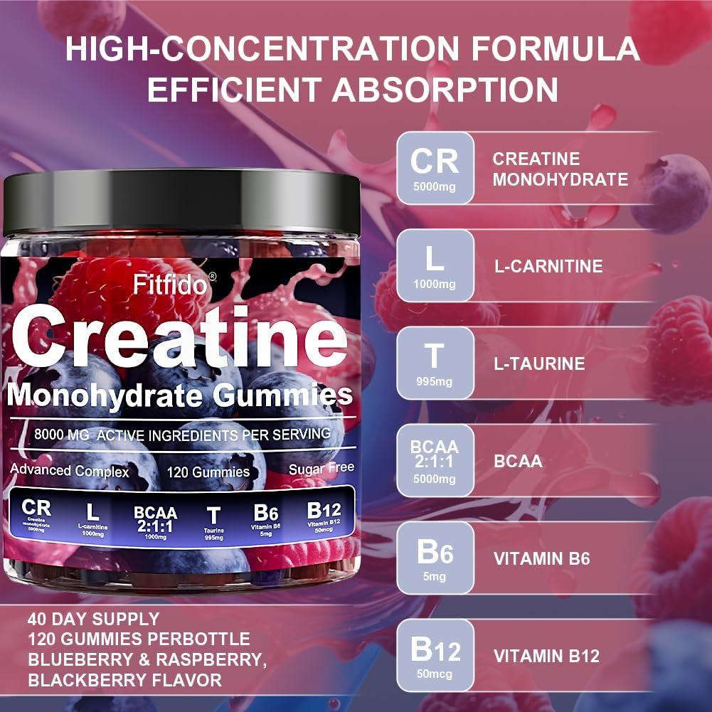 Creatine Monohydrate Gummies Complex 5000Mg for Men and Women, Containing L-Carnitine & Taurine, Build Muscle, Boost Energy, Faster Recovery, Sugar Free & Vegan, Raspberry & Blackberry, 120 Count
