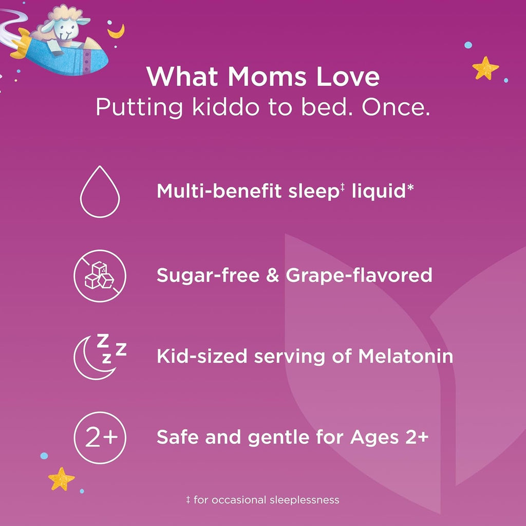 Hyland'S Kids Sleep Calm & Immunity with Melatonin, Sugar-Free Sleep Aid Liquid with Magnesium, Vitamin D, Zinc & Elderberry, Promotes Sleep & Supports Immune Health, Ages 2+, Grape Flavor, 4 Fl. Oz.