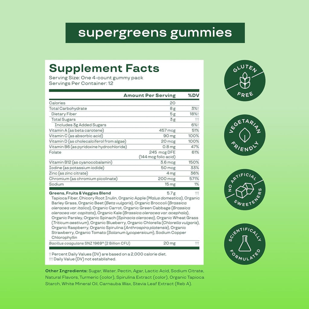 Bloom Super Greens Gummies, Daily Greens Superfood Fiber Gummies with Fruits, Vegetables, Vitamins & Minerals for Digestive & Gut Health, Bloating Support, Strawberry Kiwi, 12 Servings (48 Total)