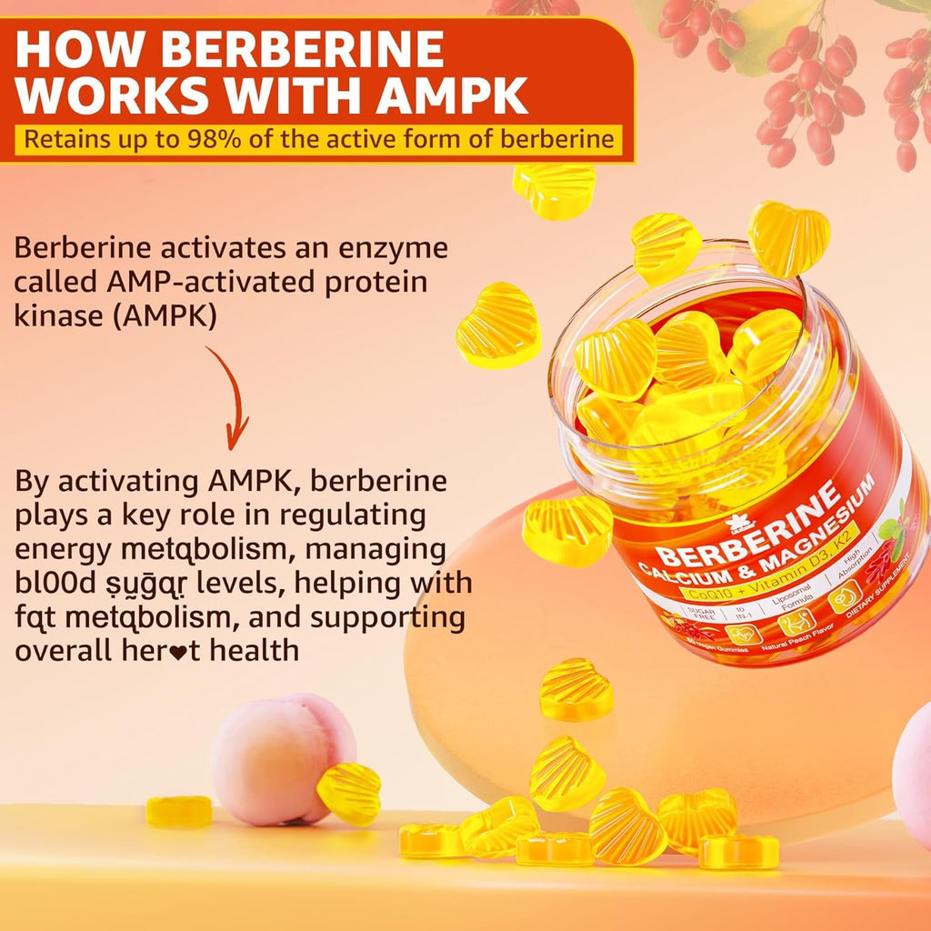 LILICARE Berberine Gummies Sugar Free, Extra Absorption with Liposomal Berberine & Berberine HCI, Calcium, Magnesium, AMPK Activitor for Sugar & Level, Energy, Metabolism,Vegan, Pack of 1