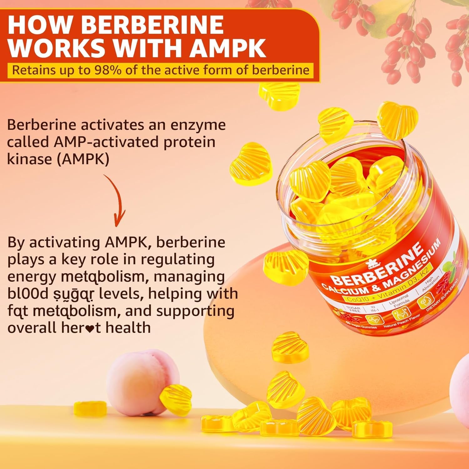 LILICARE Berberine Gummies Sugar Free, Extra Absorption with Liposomal Berberine & Berberine HCI, Calcium, Magnesium, AMPK Activitor for Sugar & Level, Energy, Metabolism,Vegan, Pack of 1