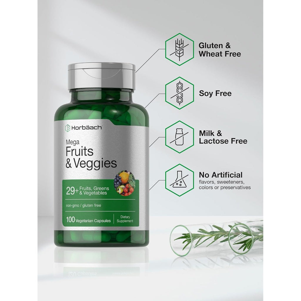 Horbäach Mega Fruits and Veggies Supplement | 100 Capsules | Vegetarian, Non-Gmo and Gluten Free