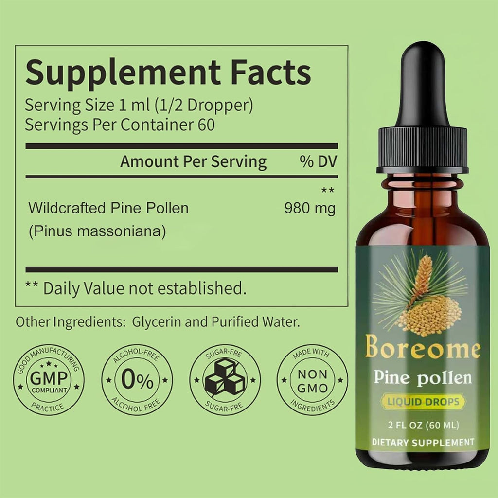 Pine Pollen Tincture - Pine Pollen Powder Liquid Drops for Men & Women - Vegan, Sugar & Alcohol-Free Supplement - 2 Fl Oz