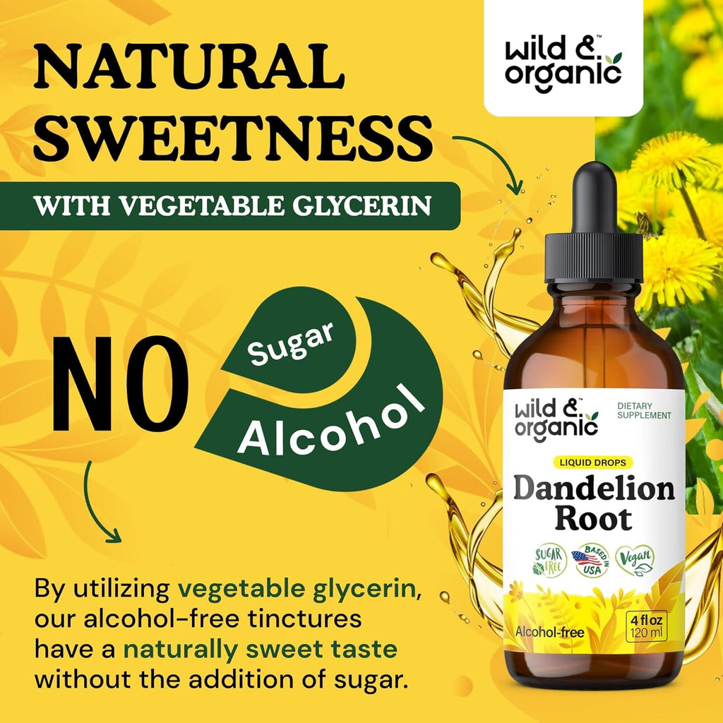 Wild & Organic Dandelion Root Extract Drops - Liver Cleanse Detox - Herbal Dandelion Tincture - Liver Support Supplement - Add to Tea - Vegan, Sugar & Alcohol-Free Liquid Drops - 4 Fl Oz