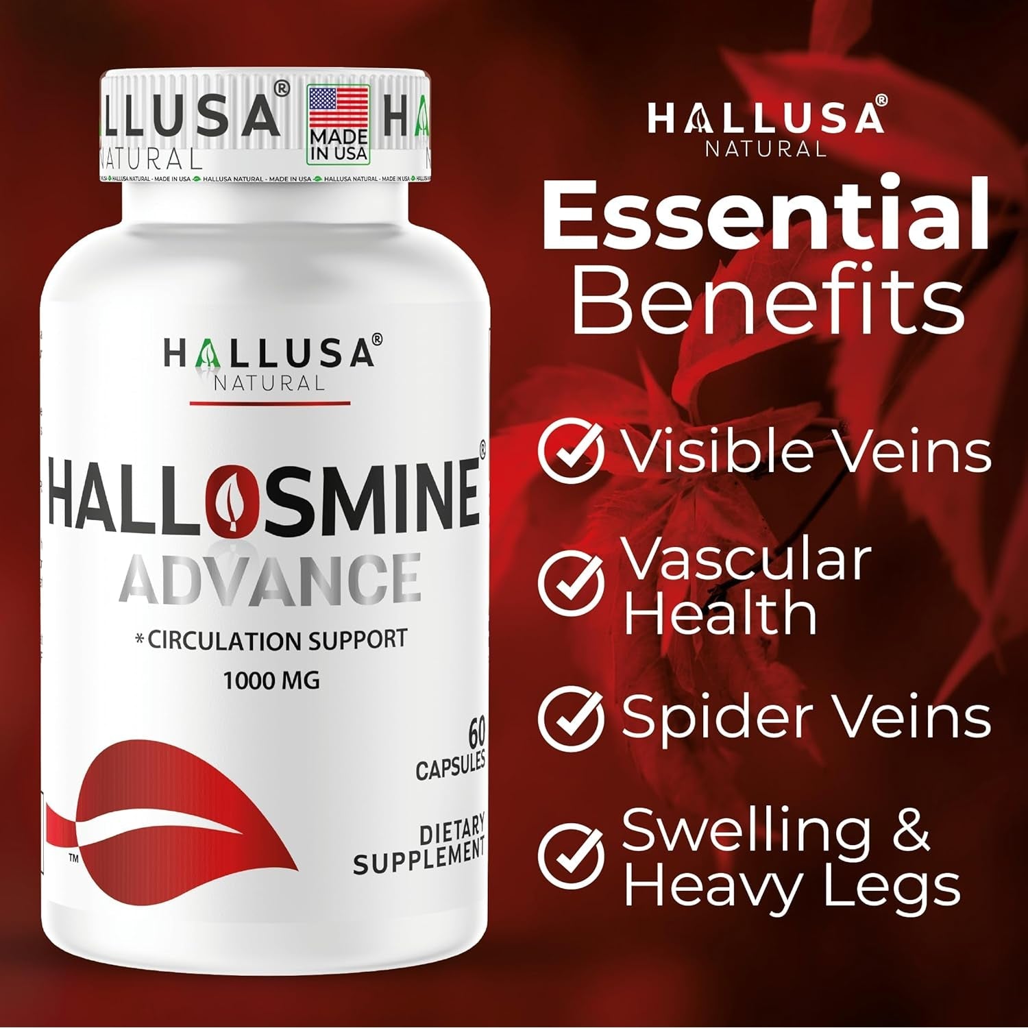 Hallosmine Advance 1000Mg Diosmin Capsules – Max Strength Circulation & Vein Support Supplement, Vascular Health, Visible Veins, Spider Veins, Blood Flow, Swelling & Heavy Legs, 60 Count
