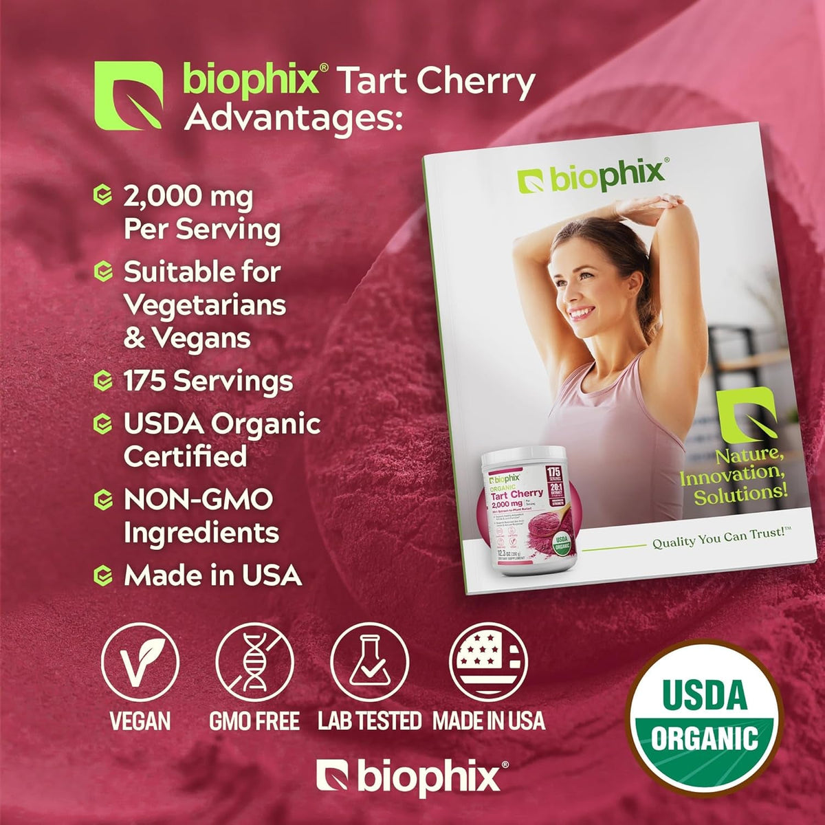 Biophix Tart Cherry Powder Organic USDA 20:1 Extract 12.3 Oz 350 G - Antioxidant-Rich Superfood - Supports Heart Health - Digestive Health - Natural Flavor - No Sugar Added