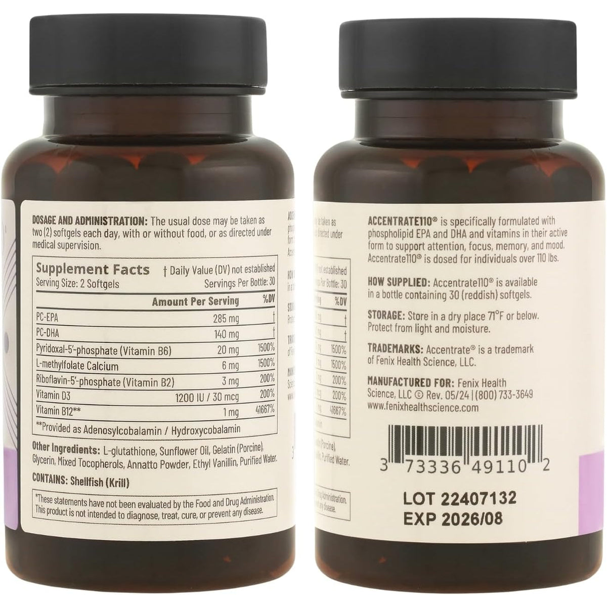 Accentrate110 - Focus Supplement - Methylated Vitamin B Complex with Omega 3 Fatty Acid Supplement - L-Methylfolate, Vitamin B12, P-5-P, Riboflavin, VIT D, – 60 Softgels (1 Month Supply)