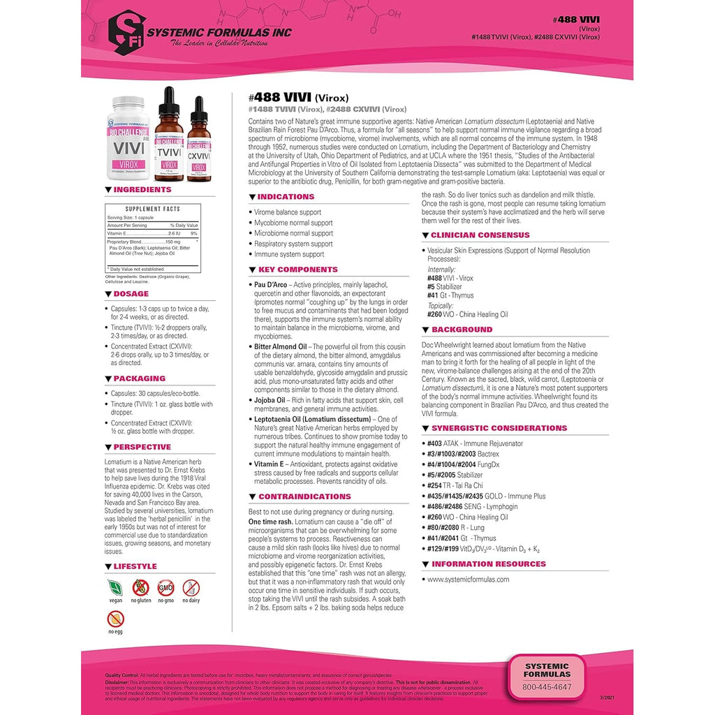 Systemic Formulas Bio Challenge #488 VIVI Virox - 30 Capsules. Powerful Immune Support Blend with PAU D’Arco, Leptotaenia Oil (Lomatium Dissectum), Bitter Almond Oil, Jojoba Oil and Vitamin E.