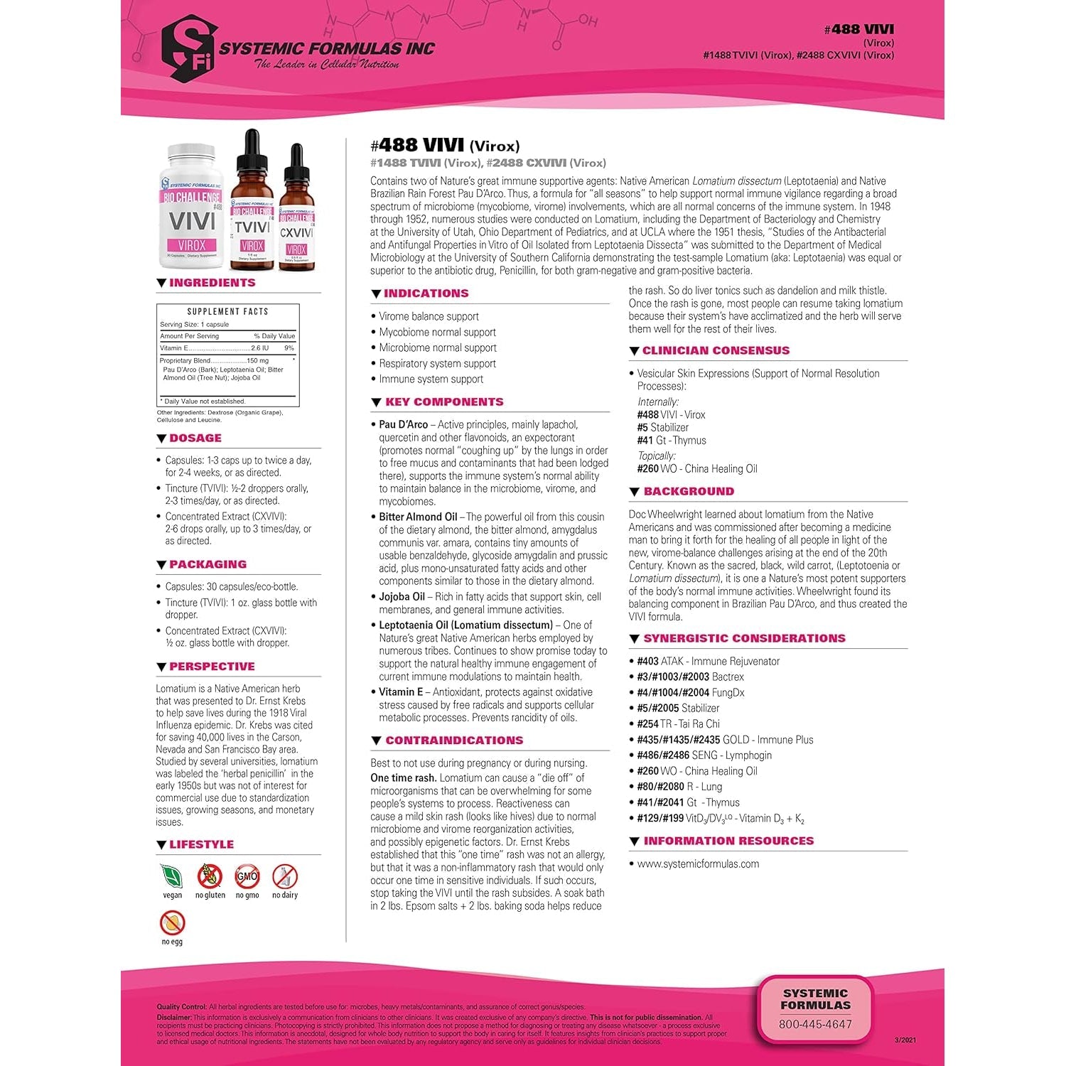 Systemic Formulas Bio Challenge #488 VIVI Virox - 30 Capsules. Powerful Immune Support Blend with PAU D’Arco, Leptotaenia Oil (Lomatium Dissectum), Bitter Almond Oil, Jojoba Oil and Vitamin E.