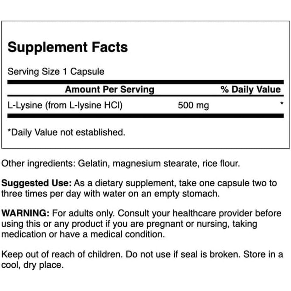 Swanson L-Lysine Amino Acid Supplement for Stress-Prone Adults Seeking Nervous System and Immune Support - 500 Mg Free Form (100 Capsules)