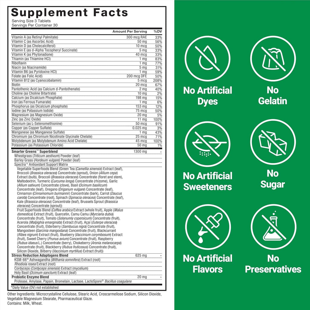 Force Factor Smarter Greens Tablets, Greens Supplement with 25+ Superfoods and Antioxidants to Improve Digestion, Reduce Stress, Strengthen Immunity, and Support Metabolism, 90 Tablets