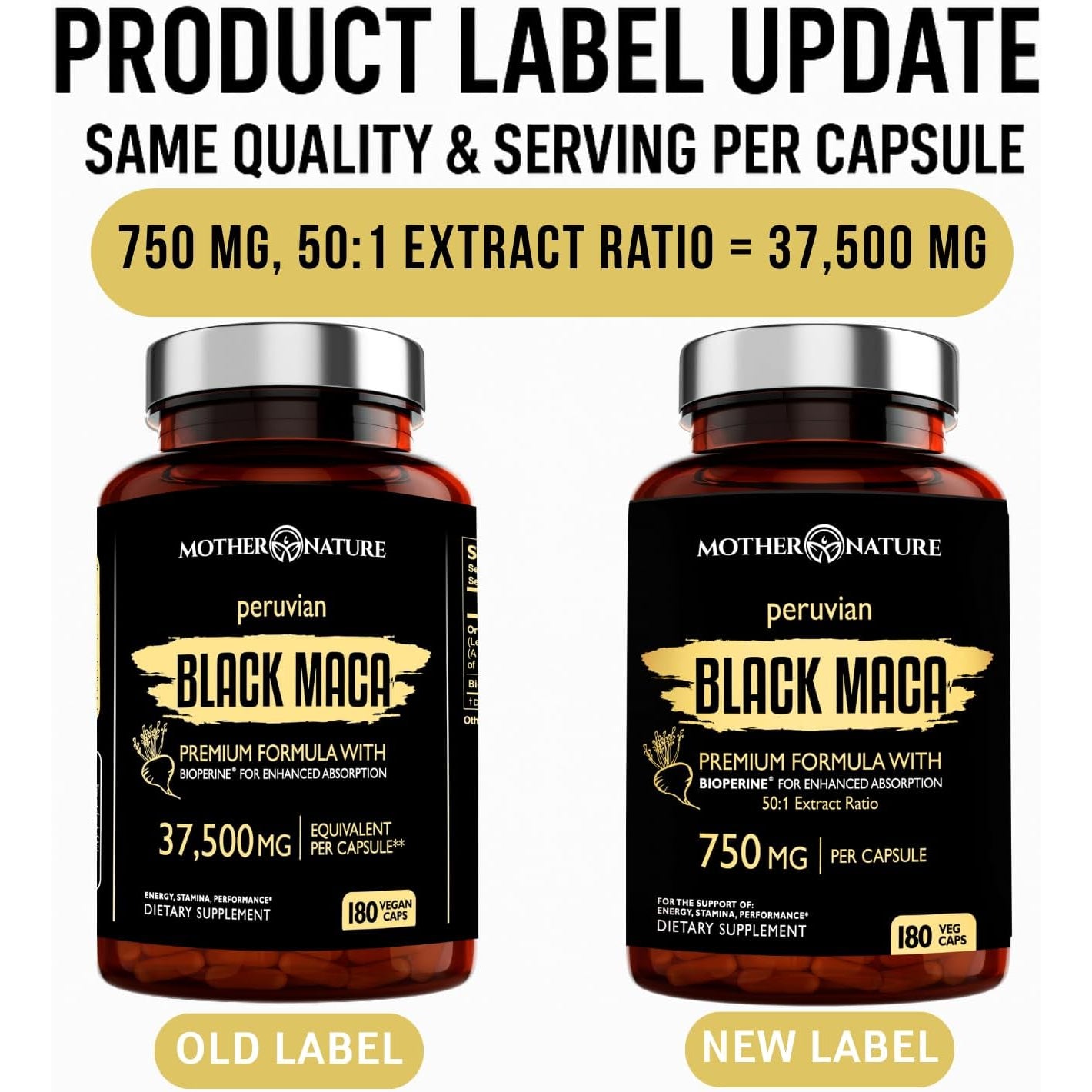 Black Maca Root 50:1 750Mg – 180 Capsules Organic Peruvian Maca Peruana Supplement for Men | High Potency Energy, Mood & Performance Support | Vegan, Non-Gmo