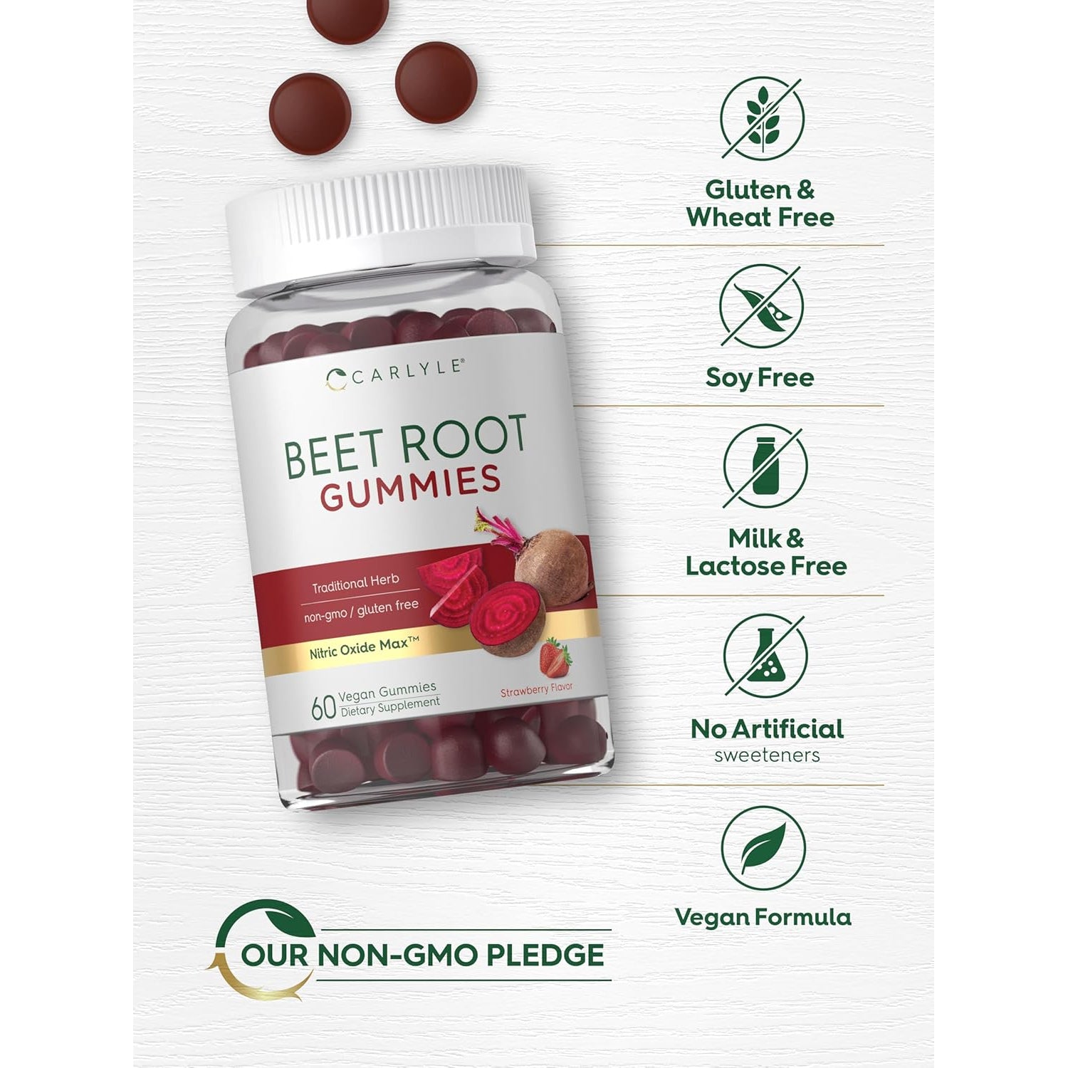 Carlyle Beet Root Gummies | 60 Count | Extract Supplement with Black Pepper and Vitamin C | for Men & Women | Beta Vulgaris | Strawberry Flavor | Vegan, Non-Gmo, and Gluten Free