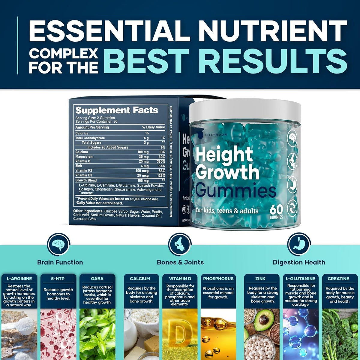 Height Growth Gummies Multivitamins, Natural Height Increase Supplement with Calcium, Zinc, K2 D3, Magnesium, Bone Strength Density Support, Grow Taller Gummies for Adults, Kids, Bone Support Complex