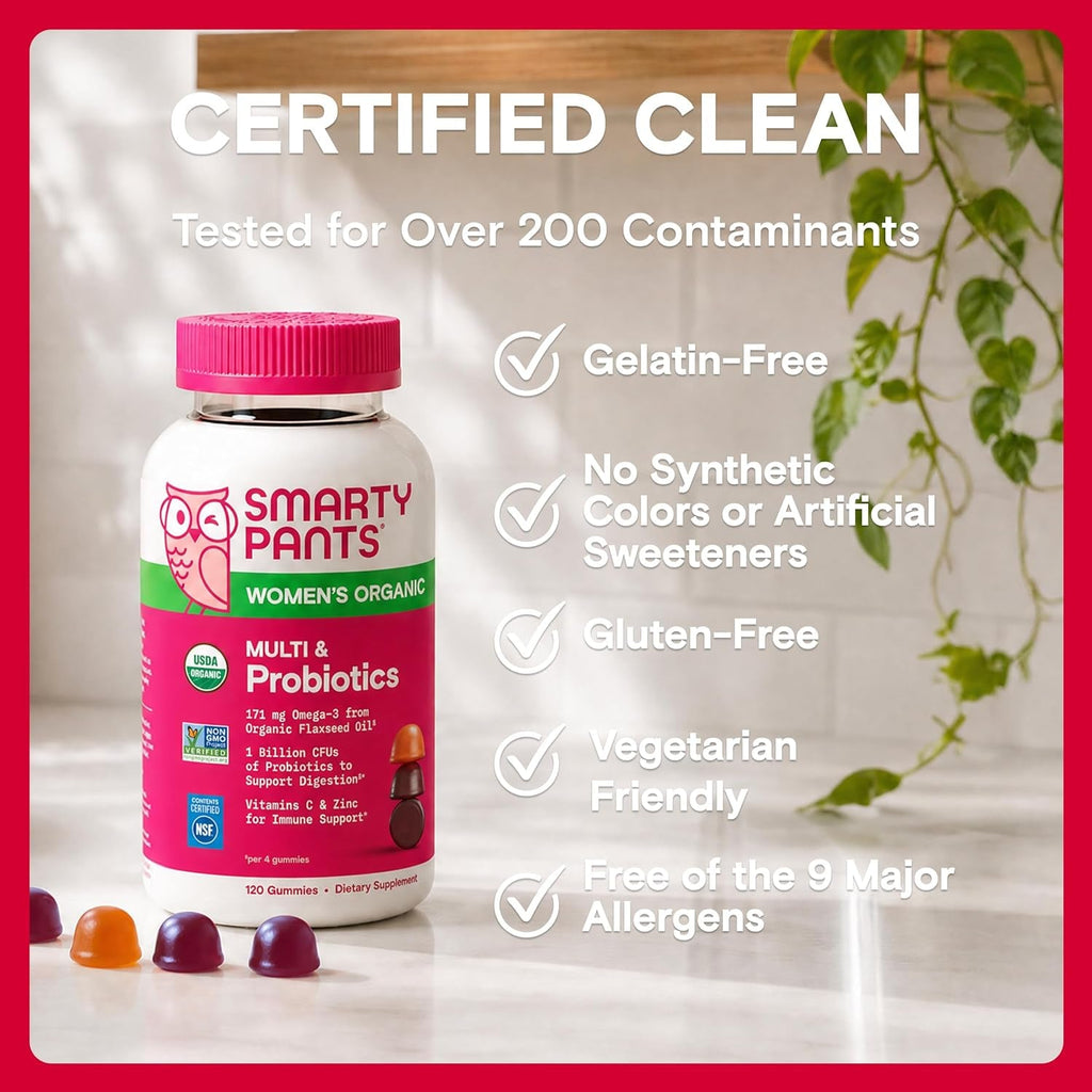 Smartypants Organic Women'S Multivitamin Gummies: Biotin, Probiotics, Methylfolate, Omega 3 (ALA), Vitamin D3, C, Vitamin B12, B6, A, K & Zinc, Inositol, Gluten Free, 120 Count (30 Day Supply)