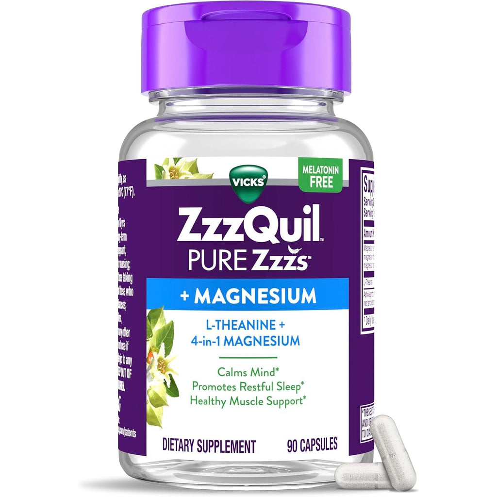 Zzzquil Pure Zzzs, +Magnesium Capsules, L-Theanine and Magnesium, Sleep Aid, 4-In-1 Magnesium: Citrate, Bisglycinate, Oxide, and Carbonate, Sleep Aids for Adults, 90 Sleep Capsules