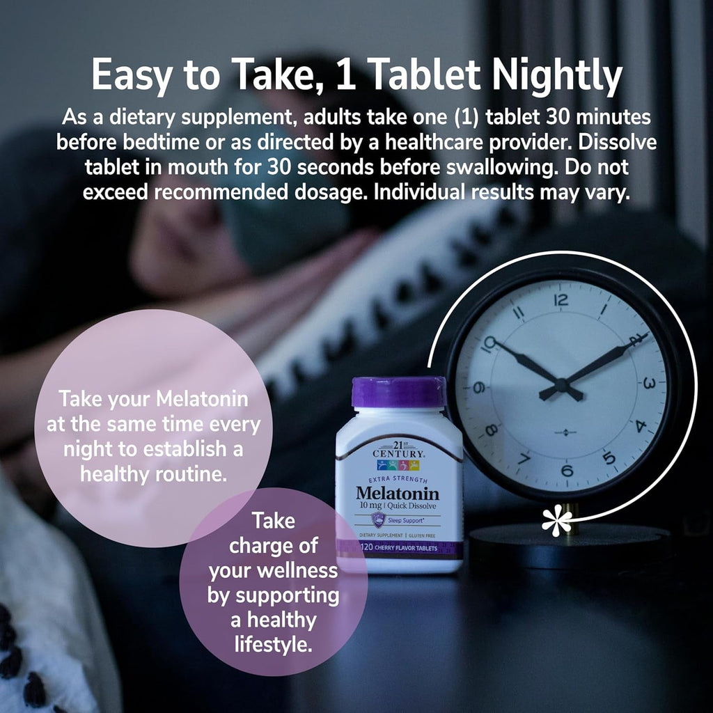 21St Century Melatonin 10Mg Extra Strength, 120 Count, Quick Dissolving Sleep Aid for Adults, Promotes Relaxation and Restful Sleep, Non-Habit Forming, Gluten-Free, Cherry Flavor