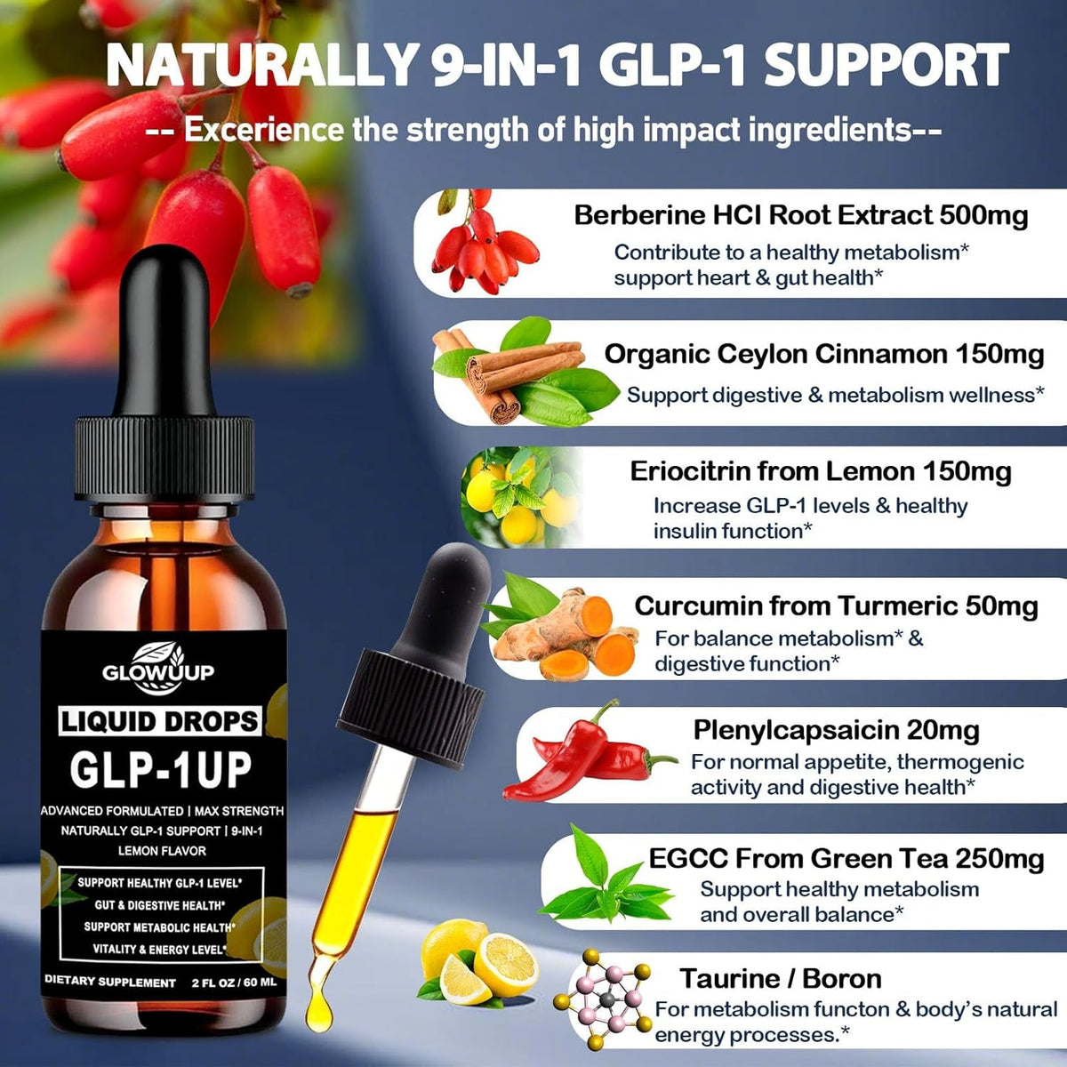 GLP-1 Supplement for Women & Men, 9-In-1 Naturally GLP-1 Support W. Berberine HCI Cyelon Cinnamon Green Tea Eriocitrin, GLP1 for Gut Digestion Metabolic, GLP-1 Drops 6X Stronger than Capsules