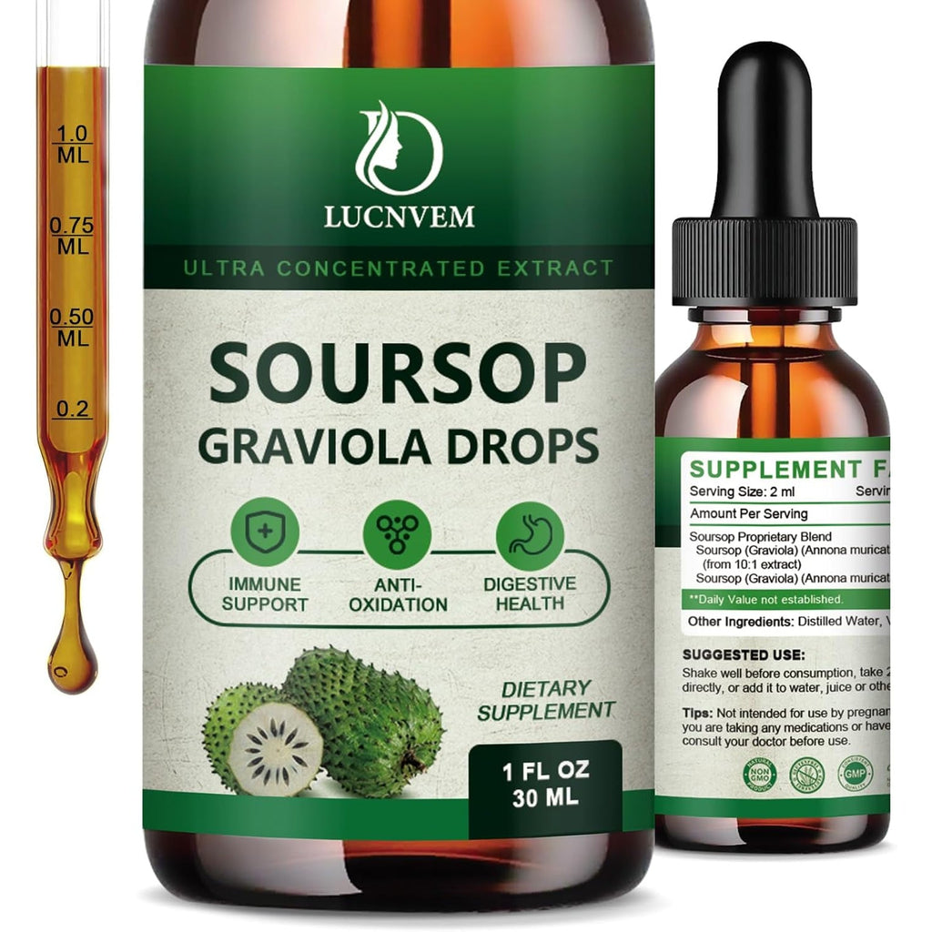 Soursop Graviola Bitters Liquid Drops, Soursop Extract Organic Pure Rich in Multivitamin for Natural Antioxidant, Cell Support & Regeneration, Immune Boost, 4 Fl OZ - 60 Day Vegan Supply