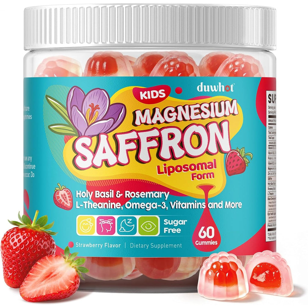 Duwhot Saffron for Kids Gummies Sugar Free, Saffron Magnesium Supplement W/Holy Basil, Rosemary, Omega-3 & Vitamins for Happy Kids, Brain, Energy & Vision Support, Vegan, Organic, 60 Chewables