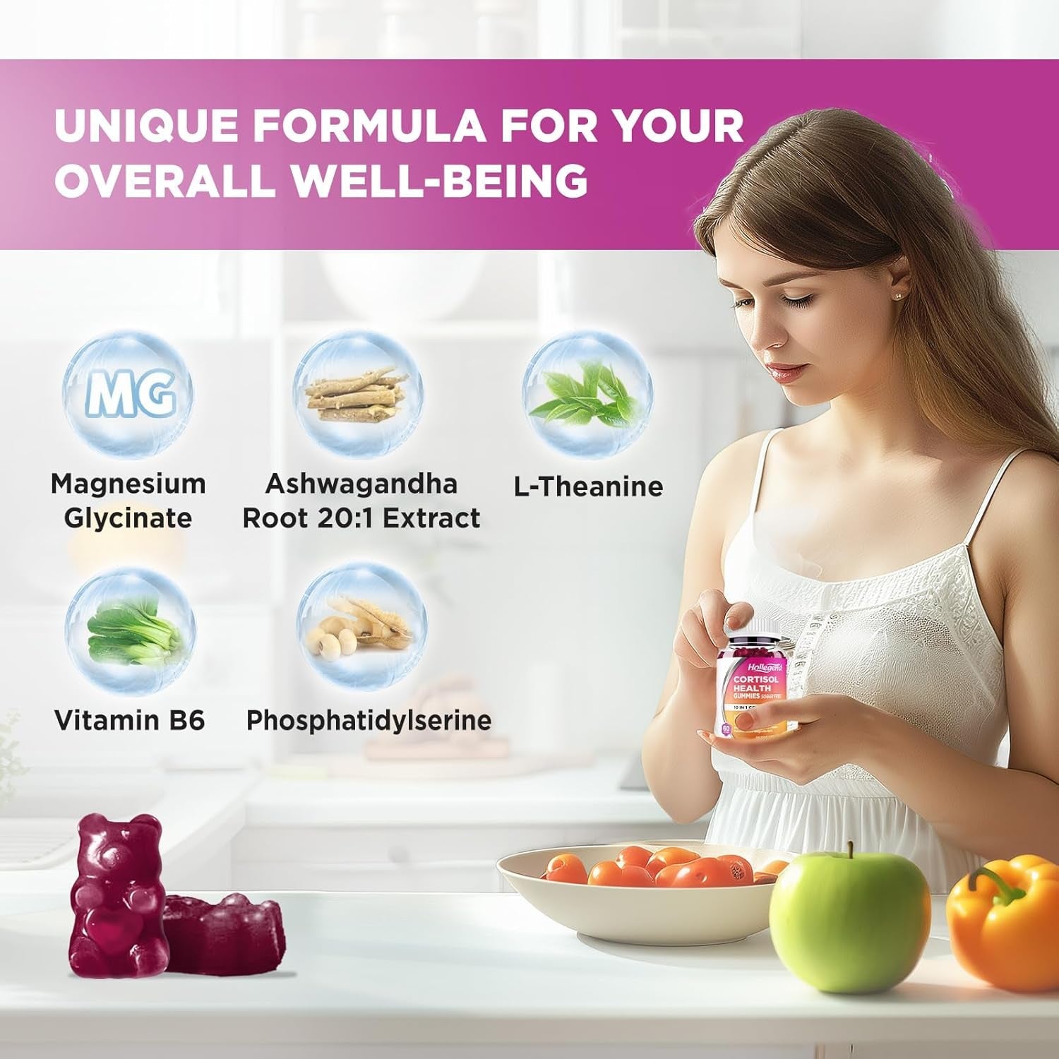 Cortisol Supplements for Women Men, Cortisol Gummies with Ashwagandha, Magnesium, L-Theanine, Phosphatidylserine, B6 for Cortisol Detox, Relaxation, Sleep, Focus, Sugar-Free, Vegan, 60