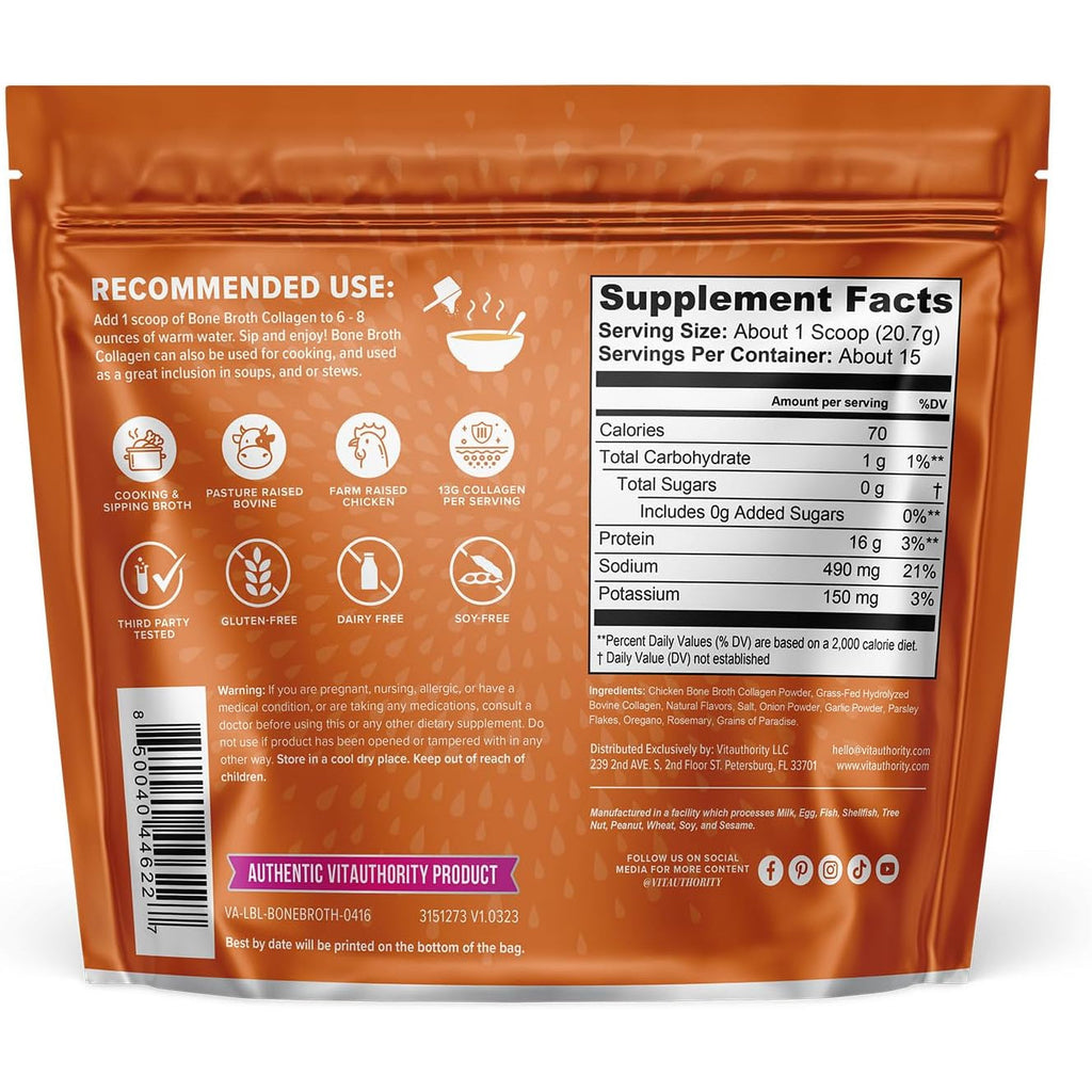 Vitauthority Bone Broth Collagen Delicious Chicken Noodle Flavored - Packed with 16G of Protein & Types I, II, III - Nourishes Skin, Hair, Nails, Joints, & Gut - Beef Bonebroth