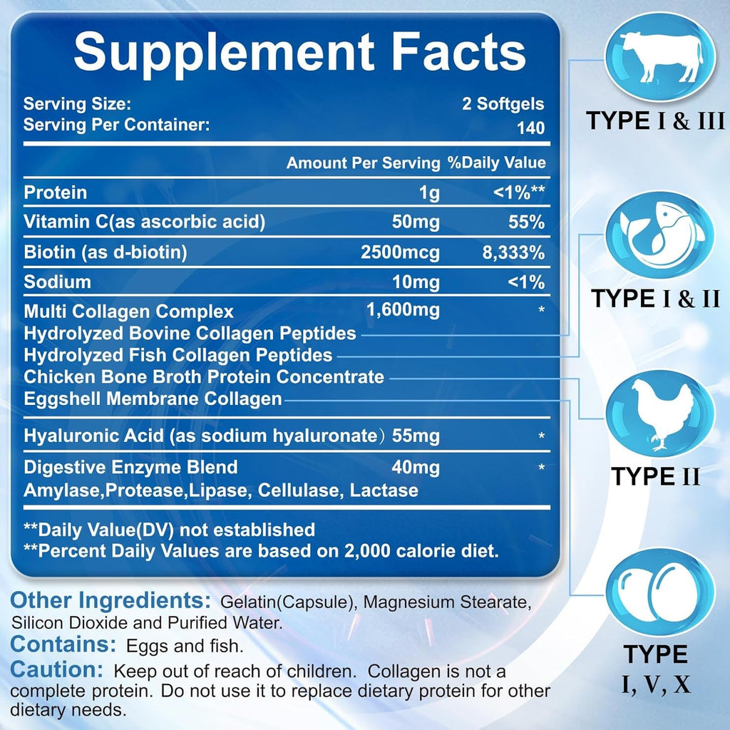 Multi Collagen Peptides for Women & Men, Hydrolyzed Collagen Peptides-Type I, II, III, V, X - with Hyaluronic Acid,Vitamin C,Biotin,Supports Skin Hair Nail, Non-Gmo, 280 Softgels