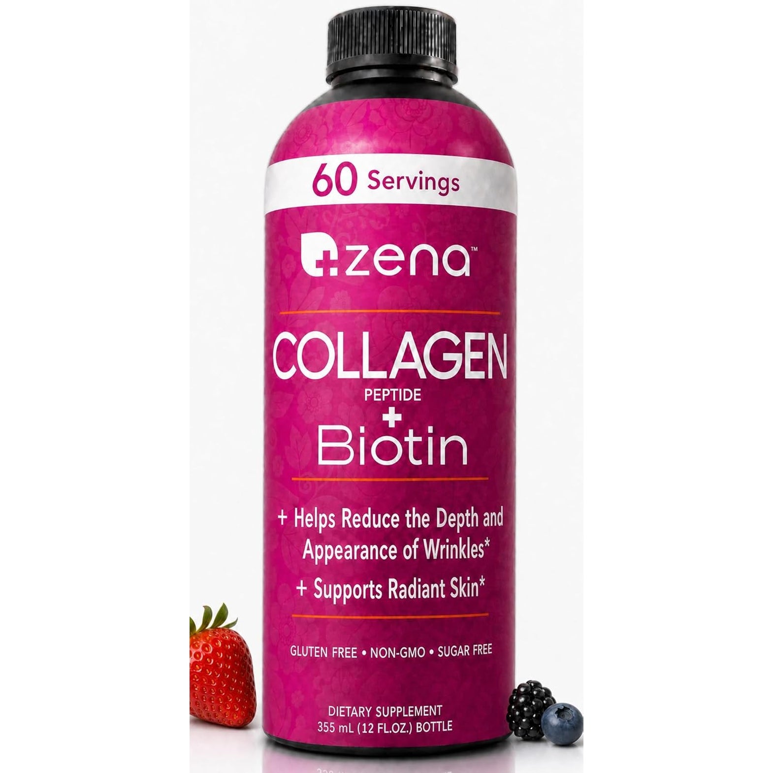 Zena Nutrition Liquid Collagen for Women and Men, and Biotin, 2500Mg Verisol Bioactive Collagen Peptides, 5000Mcg Biotin, Hair, Skin, Nail Supplement, Mixed Berry, 60 Servings, 20 Fl Oz