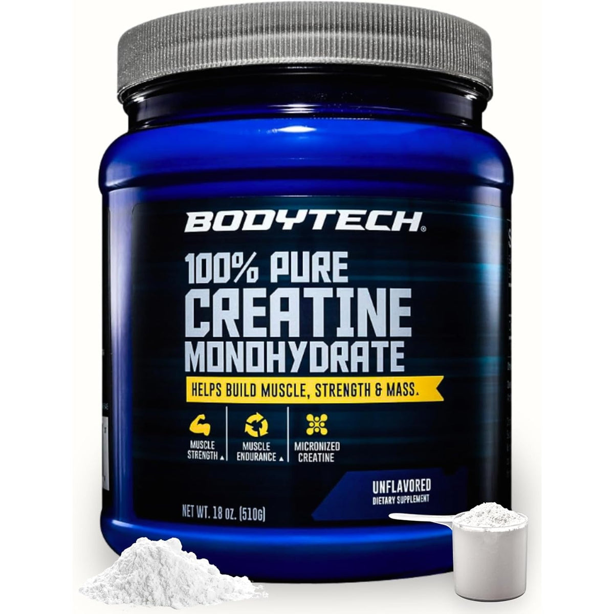 Bodytech Creatine Monohydrate Powder, Unflavored Micronized Creatine Formula for Men and Women, 5G per Serving, Pre Workout & Post Workout Supplement, Gluten Free, Sugar Free, 18 Oz, 102 Servings