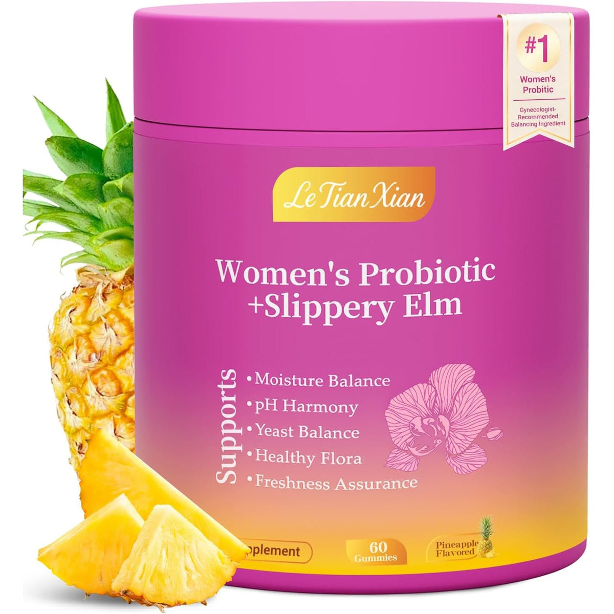 Her Juicy Feminine Probiotics Gummies for Women with Slippery Elm, Prebiotics & Lactobacillus - for Ph Balance & Digestive Health, Tropical Pineapple Flavor, 60 Count