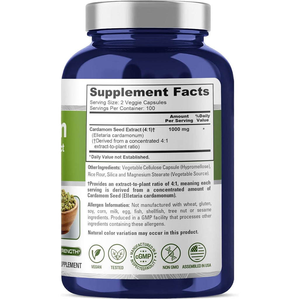 Nusapure Cardamom Capsules, 1000 Mg, 200 Veg Capsules (Non-Gmo, Vegan)