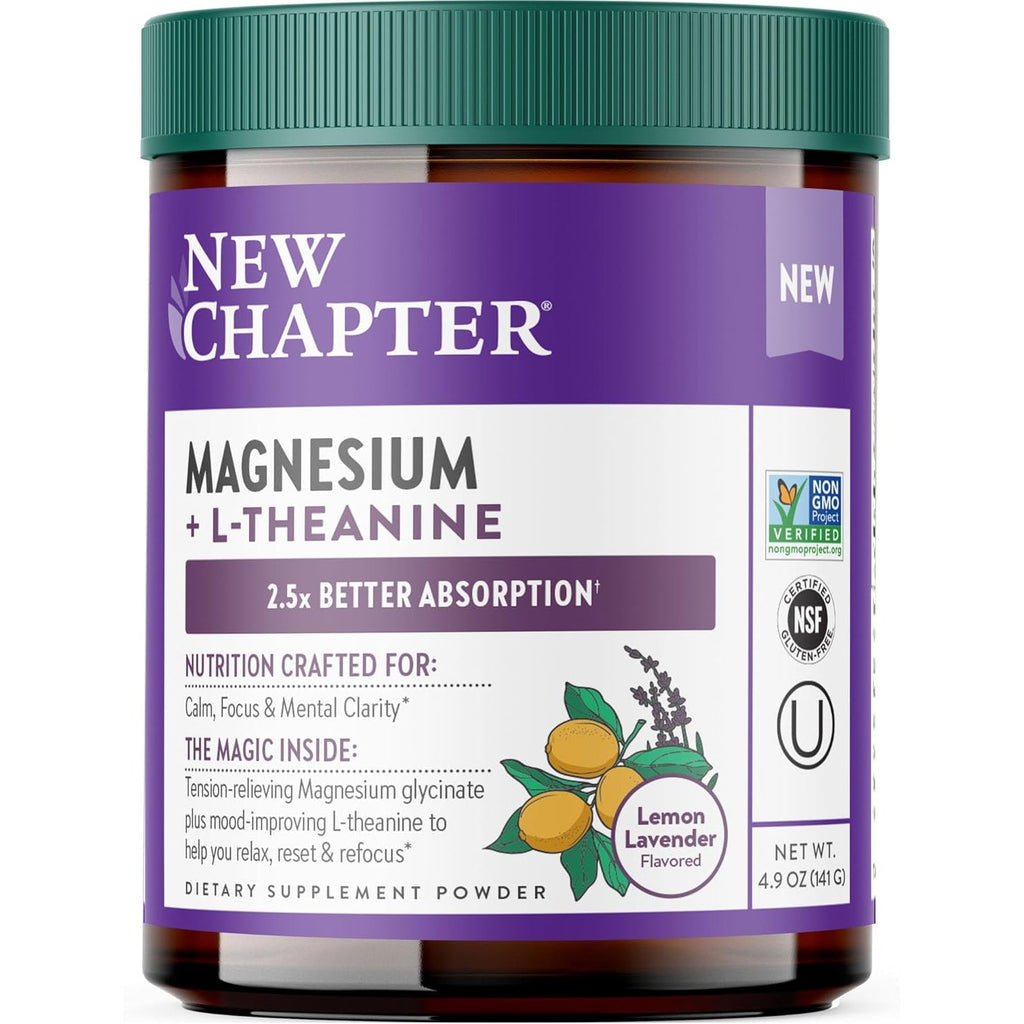 New Chapter Magnesium Glycinate + L-Theanine Supplement Powder, with 325 Mg Magnesium & L-Theanine 200 Mg for Calm, Focus, Mental Clarity, Muscle Relaxation & Cortisol Balance*, 30 Servings