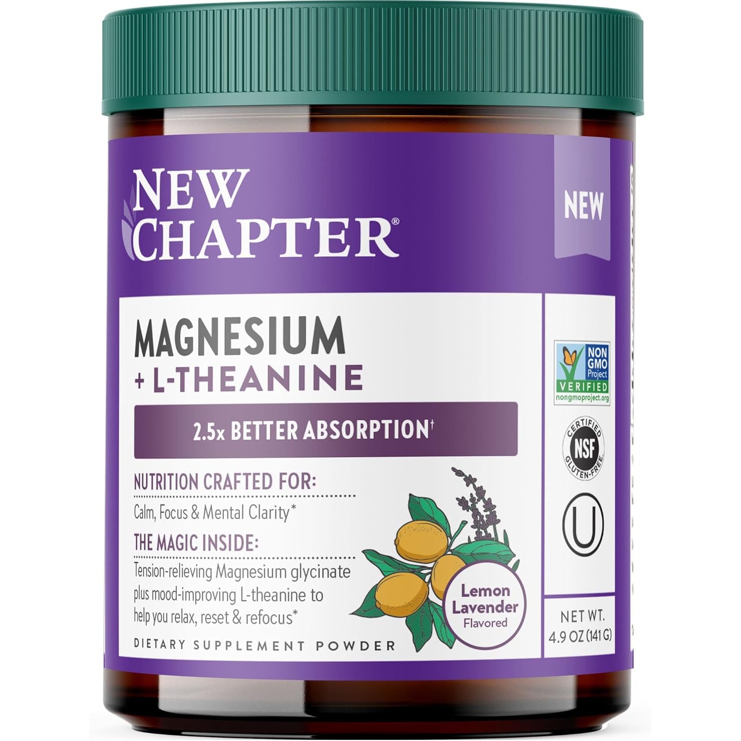 New Chapter Magnesium Glycinate + L-Theanine Supplement Powder, with 325 Mg Magnesium & L-Theanine 200 Mg for Calm, Focus, Mental Clarity, Muscle Relaxation & Cortisol Balance*, 30 Servings