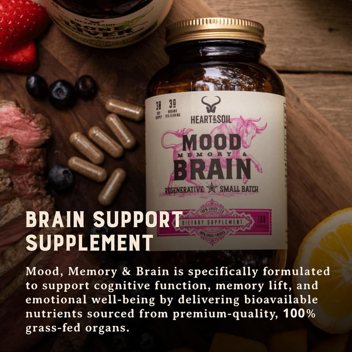HEART & SOIL – 100% Grass Fed & Finished Beef Brain Supplement from Regenerative Cattle – for Cognitive Function & Memory – 3000Mg Focus Supplement with Beef Organs – Glass Bottle – 180 Capsules